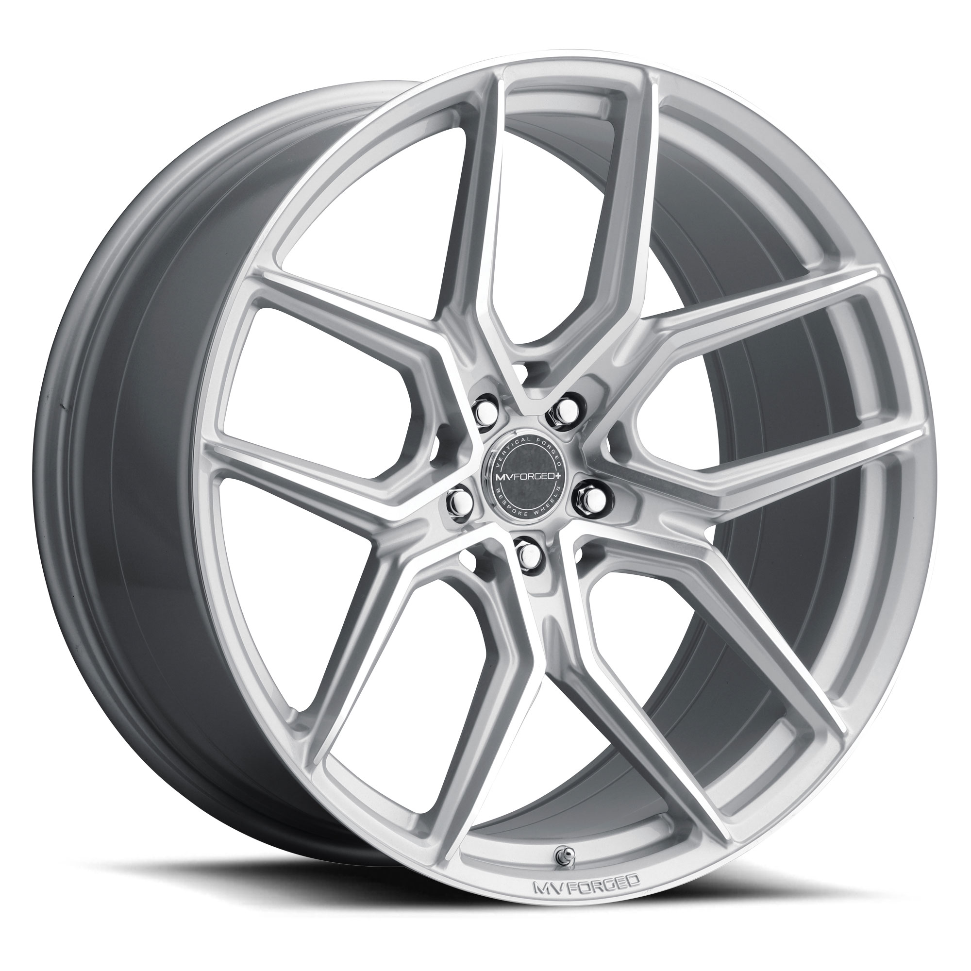 mv-forged-wheel-5lug-silver-machined-face-22x10-2000_qoluuewzqzbajwe0jpg - OPSHOLDERS Close-up of a silver multi-spoke alloy wheel rim with a centered logo on the cap.