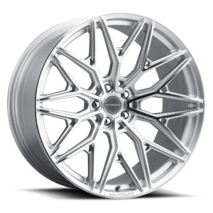 Shiny silver multi-spoke alloy car wheel with a central MV Forged cap and polished finish