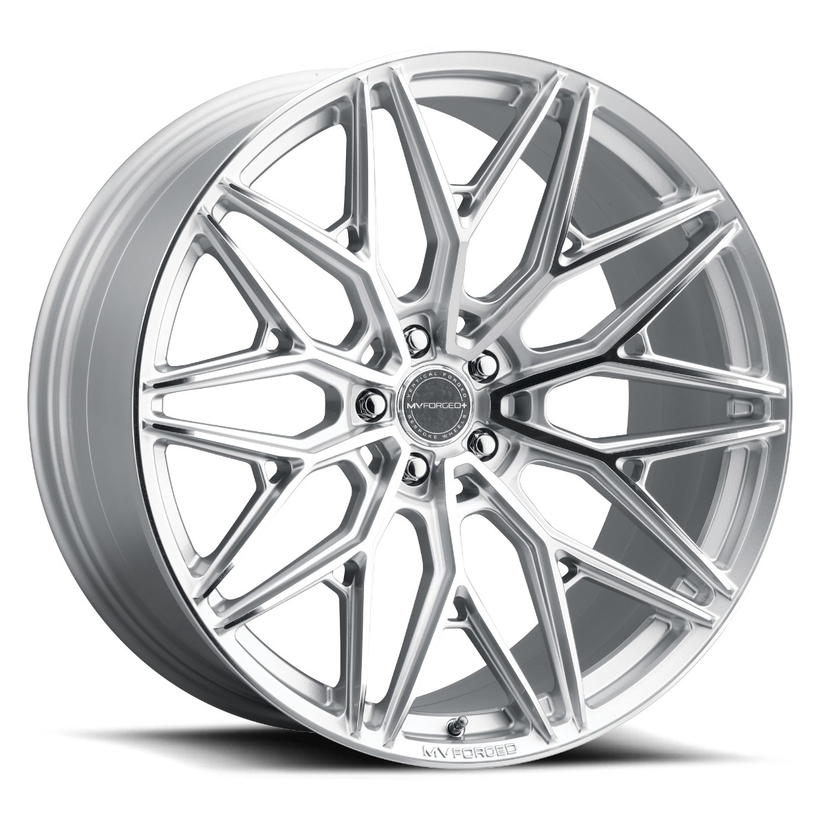 mvf2-diamond-silver-001jpg - OPSHOLDERS Shiny silver multi-spoke alloy car wheel with a central MV Forged cap and polished finish