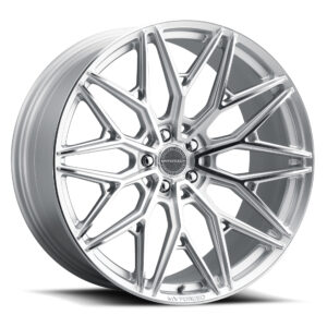 Silver alloy wheel with a complex multi-spoke design and a MV Forged center cap in the middle.
