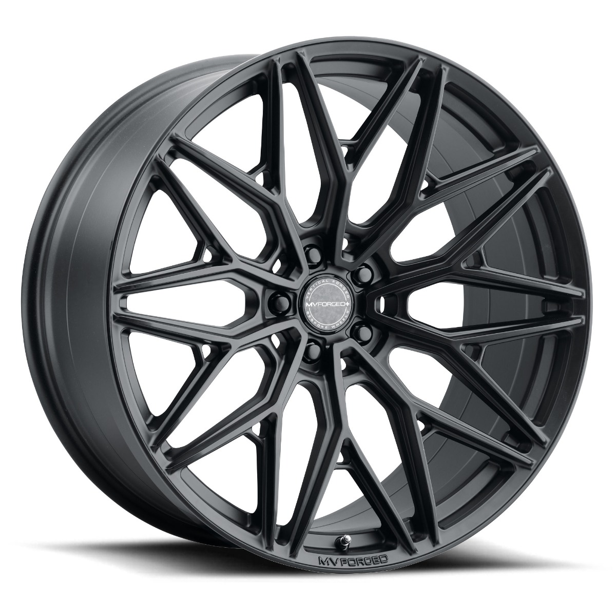 mvf2-satin-black-002jpg - OPSHOLDERS Matte black multi‑spoke alloy wheel with a complex angular spoke pattern and center cap marked MV FORGED