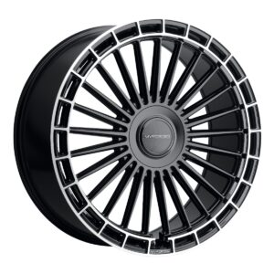 Black multi-spoke alloy car wheel rim with a polished silver lip and MV Forged center cap, high-gloss finish.