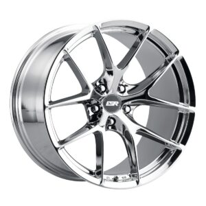 Chrome aftermarket alloy wheel with five split spokes and an ESR center cap, polished finish.