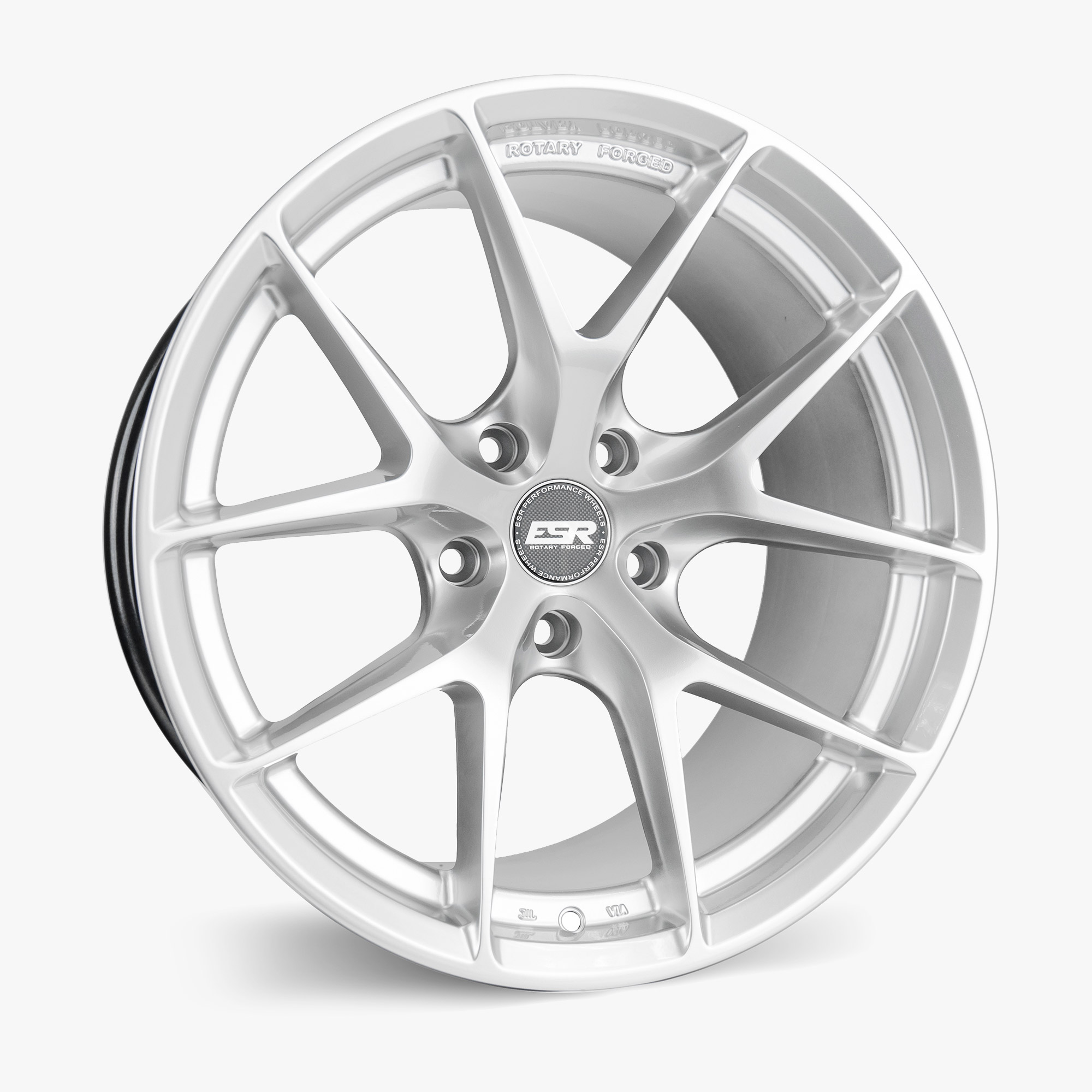 rf2-hyper-silverjpg - OPSHOLDERS Close-up of a silver rotary-forged alloy wheel with multiple spokes and lug nut holes.
