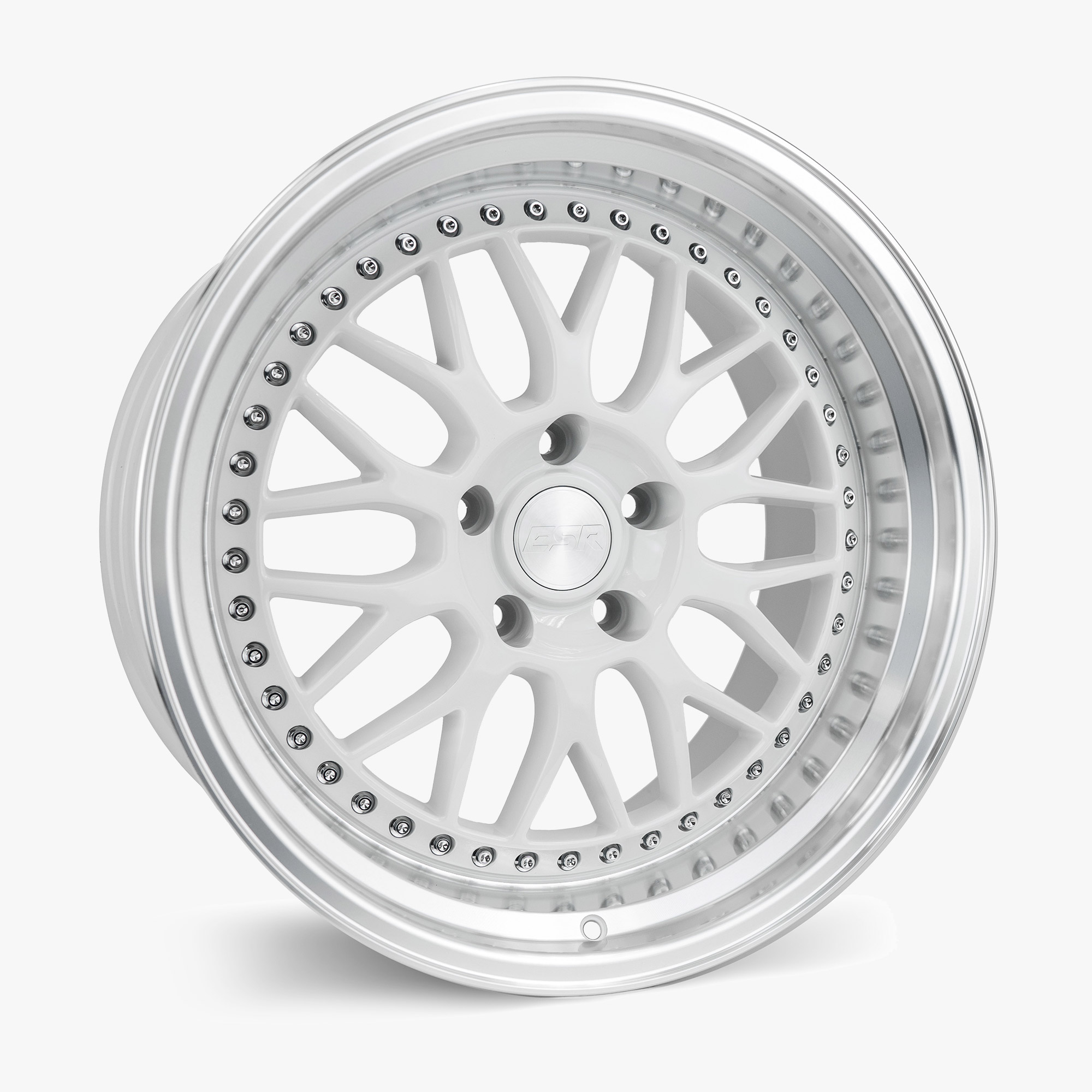 sr01-gloss-whitejpg - OPSHOLDERS White alloy wheel with multiple spokes and a riveted outer lip, close-up view. 4/4 inches visible detail of bolts around the rim?