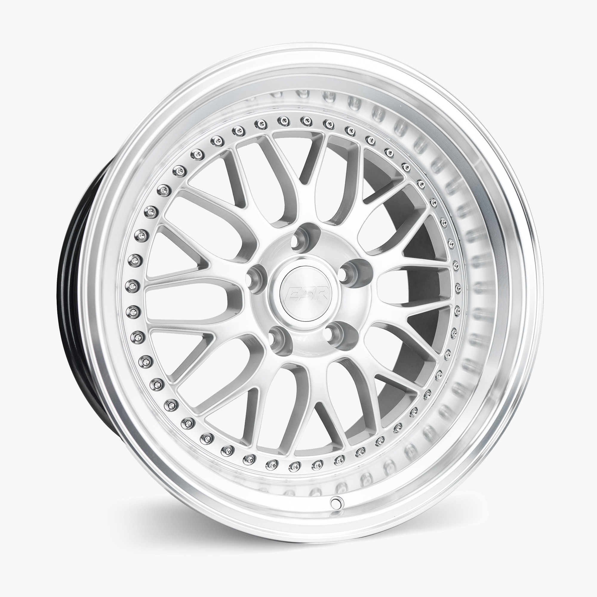 sr01-hyper-silverjpg - OPSHOLDERS Close-up of a silver alloy wheel with multiple spokes and outer bolt detail.