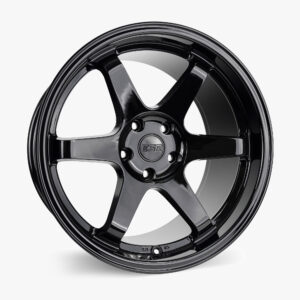 Close-up of a glossy black alloy wheel with a five-spoke design and ESR center cap