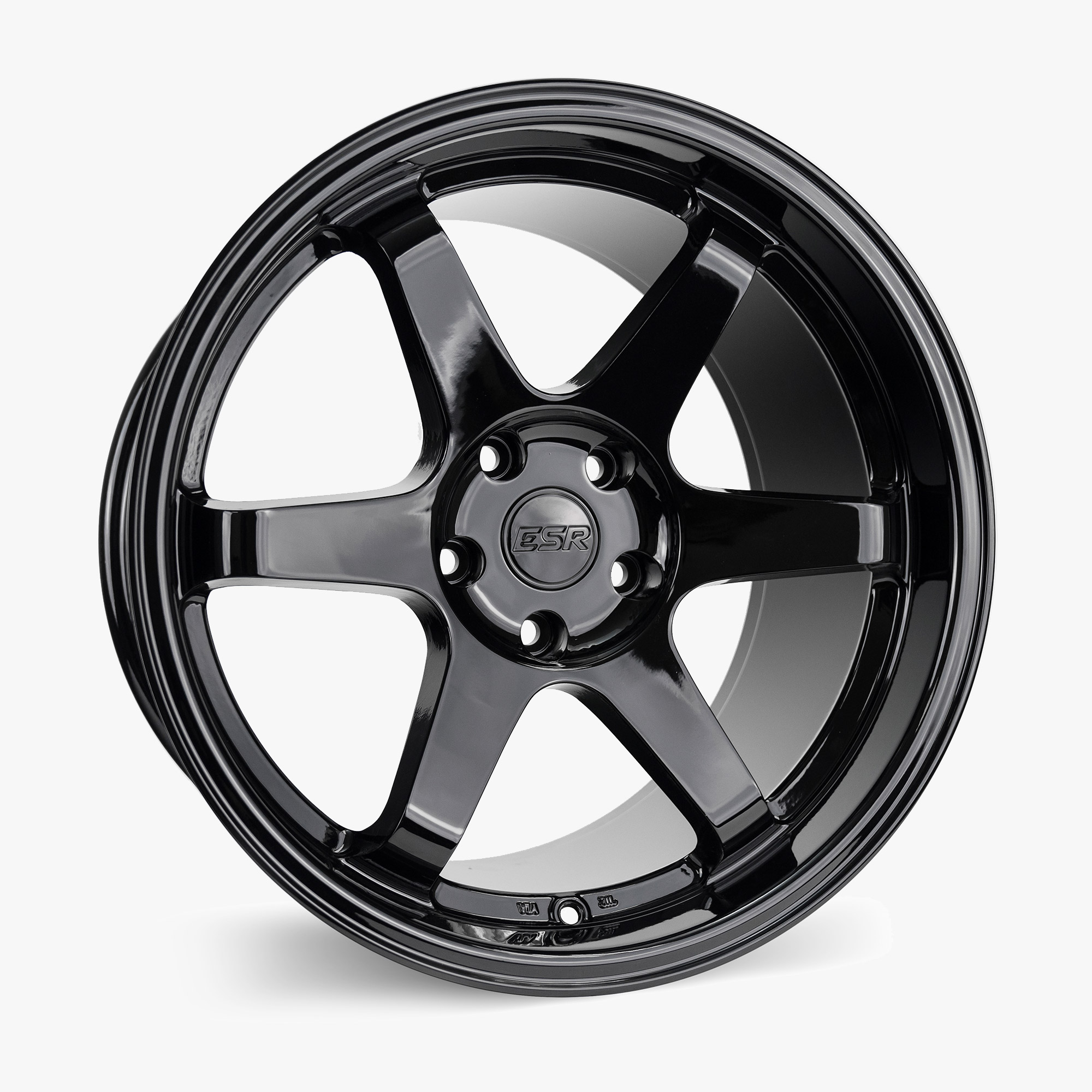 sr07-gloss-blackjpg - OPSHOLDERS Close-up of a glossy black alloy wheel with a five-spoke design and ESR center cap