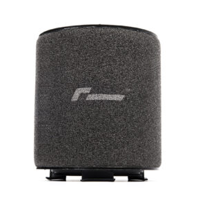 Black cylindrical foam microphone windscreen with a small white logo, facing forward on a stand.