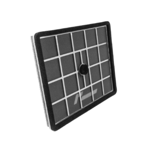 Close-up of a solar panel with a grid of dark cells in a black frame, tilted diagonally.