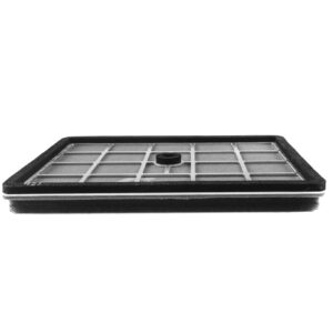 Close-up of a square air filter with a black frame and grid pattern