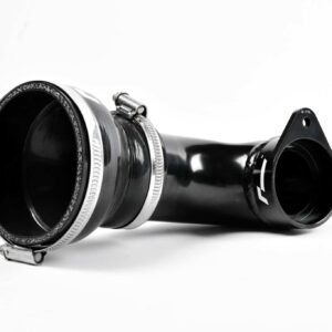 Close-up of a black camera lens barrel with metal clamps and a mounting flange on a white background.