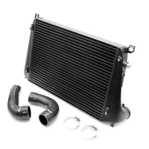 Automotive radiator with metal fins and attached hoses on a white background.