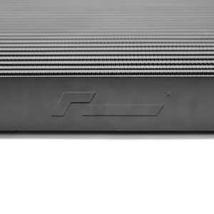 Close-up of the back of a monitor showing horizontal ventilation slits and a partial embossed logo at the bottom edge.