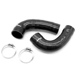 Close-up of black curved silicone hoses and silver metal bracelets on a white background.