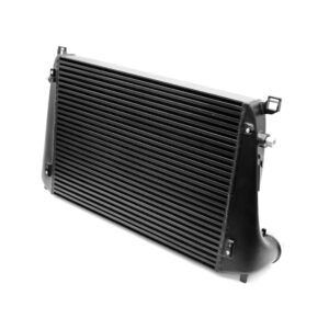 Automotive radiator with metal fins and mounting brackets on a white background (informative)
