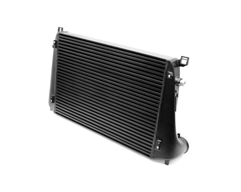 Automotive radiator with metal fins and mounting brackets on a white background (informative)
