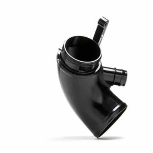 Black automotive intake pipe with a large circular opening and side fittings, photographed on a white background.