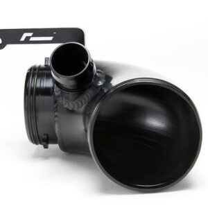 Black plastic automotive air intake pipe with mounting bracket on a white background.