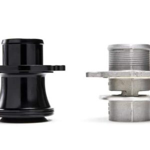 Pair of cylindrical mechanical parts with flanges on a white background: left is glossy black, right is matte silver with threading and lugs.