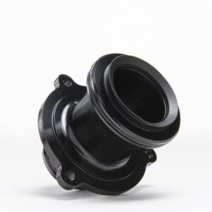Black cylindrical metal component with a flanged base on a white backdrop