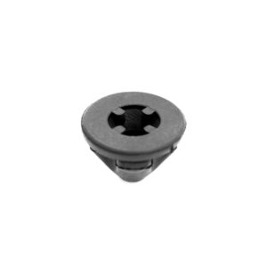 25-tfsi-engine-cover-grommets_53351684587_o-scaled-1jpg - OPSHOLDERS Close-up of a black circular plastic piece with four internal tabs at its center (macro shot).