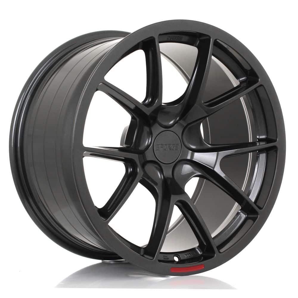 2FORGE_ZF9_GLOSS_GUNMETAL_1810_ANGLEjpg - OPSHOLDERS Black multi‑spoke alloy car wheel shown at an angle for a product image.