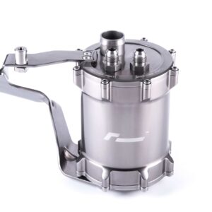Close-up of a stainless steel valve/regulator with multiple ports and a long lever handle attached to a cylindrical body.