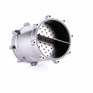 Metal washing machine drum viewed from the side, showing a perforated inner cylinder and outer shell in chrome finish.