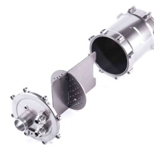 Metallic industrial valve body with circular flange and bolted ring, viewed at an angle to show its opening and fasteners