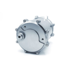 Close-up of a silver industrial gearbox cover with bolts on a white background