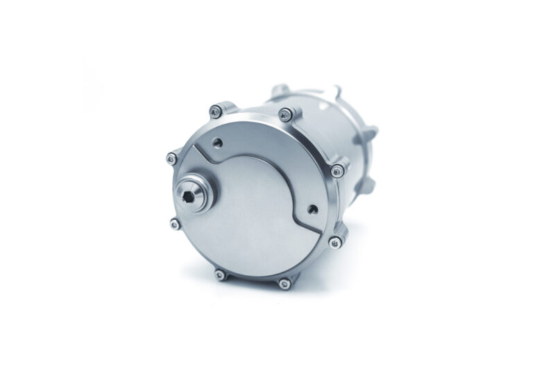 Close-up of a silver industrial gearbox cover with bolts on a white background