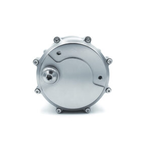 Close-up of a metallic circular gearbox-style cover with screws around its edge on a white background, viewed from the front.