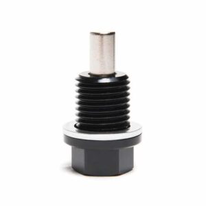 Metal threaded bolt-like component with a knurled black shaft and hexagonal base, shown in close-up.