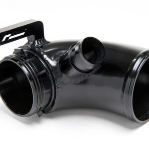 Black plastic automotive air intake elbow with mounting flange and side port