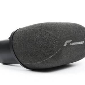 36949082233_1e71959c92_z__476401517224298-1jpg - OPSHOLDERS Close-up of a black microphone with a foam windscreen on a white background.