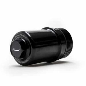Close-up of a black, threaded cylindrical cap/adapter on a white background.