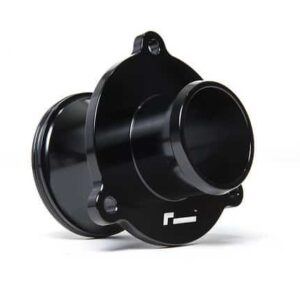 Black circular flange-mounted adapter with a wide central opening and two small mounting holes, likely a lens or camera accessory component