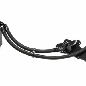 Liquid cooling pump and reservoir with two braided hoses and mounting bracket for a computer loop.