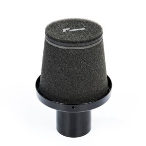 Black studio microphone with foam windscreen and circular mount against a white background.