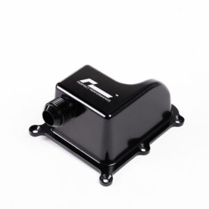 Black rectangular coolant reservoir with a barbed hose fitting, mounted on a small base with four mounting holes (used in water cooling systems).