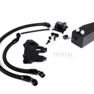 Automotive parts kit with braided hoses, mounting bracket, small control box, fittings, and a rectangular reservoir.