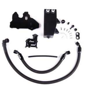PC liquid cooling kit components laid out on a white background: CPU block, radiator, pump, tubing, and fittings.