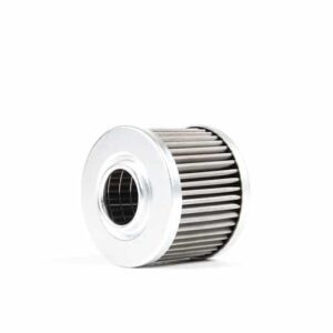 Round pleated cylindrical filter element with white end caps on a white background (air/air-conditioning filter)