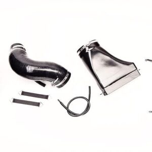 4a9732db32eemv2-1jpg - OPSHOLDERS Automotive turbo kit components laid out on a white background: elbow pipe, black silicone elbow, clamps, brackets, and mounting hardware.