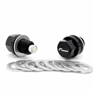 Two black hexagonal valve caps with threaded stems and several silver washers in front on a white background.