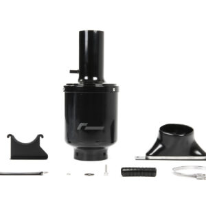 Exploded view of a black cylindrical device with various metal parts laid out on a white background (shaft, base, clamps, and fittings).
