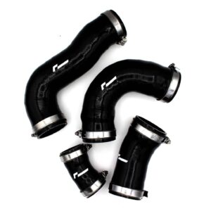 Black silicone hoses with stainless steel clamps arranged on a white background, forming a loose looped pattern, industrial tubing components.