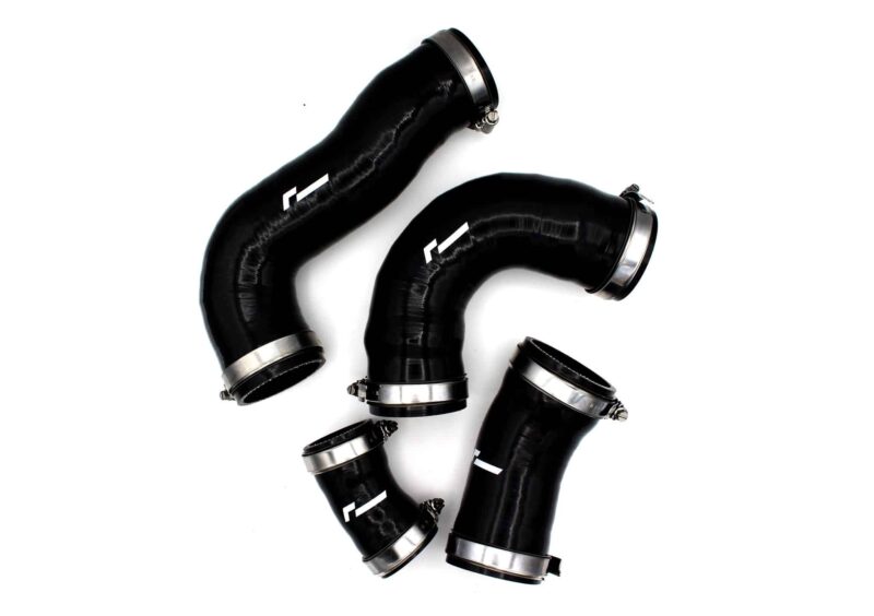 Black silicone hoses with stainless steel clamps arranged on a white background, forming a loose looped pattern, industrial tubing components.