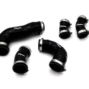 Several black automotive hoses with metal clamps on a white background, laid out in a scattered arrangement.
